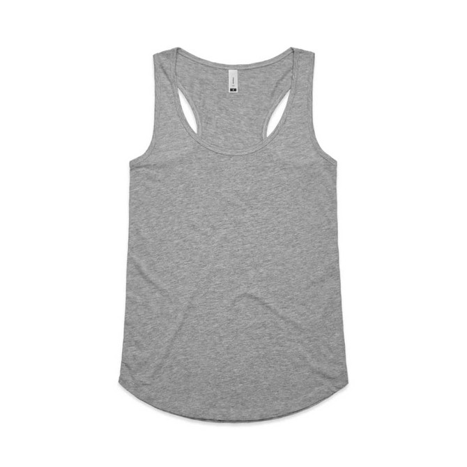 A grey racerback singlet with a rounded hem and a logo on the label.