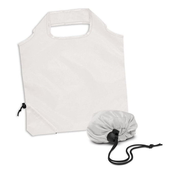 A white reusable grocery bag with a foldaway feature, accompanied by a matching storage pouch.