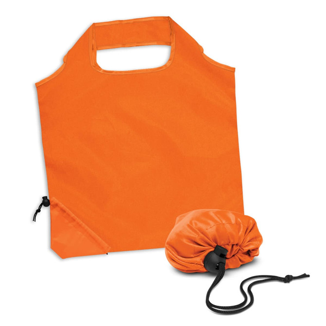 An orange reusable grocery bag with a drawstring pouch for compact storage. Features a logo on one side.
