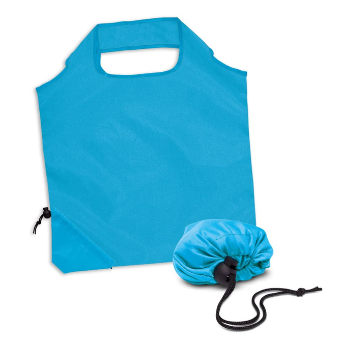 A blue reusable grocery bag with a drawstring pouch for compact storage. The bag features handle cutouts.