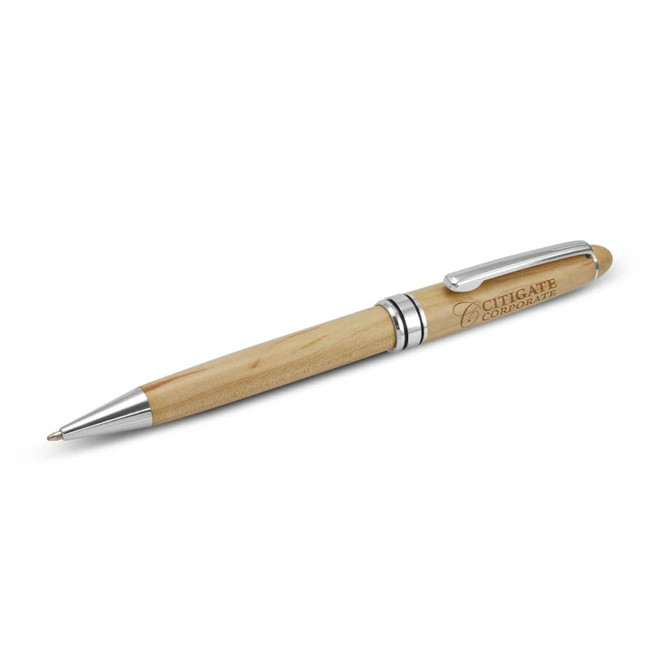 A metal pen with a wooden barrel and silver accents. The pen features engraved branding on the wooden part.