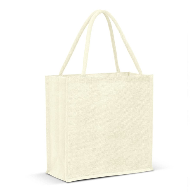 A jute tote bag in a light cream colour with two sturdy handles and a simple, unadorned design.