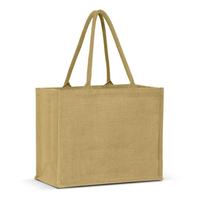 A jute tote bag in a light brown colour, featuring two sturdy handles and a plain exterior.