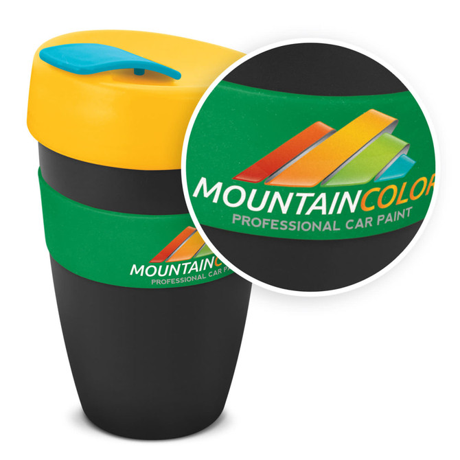 A drink bottle featuring a yellow lid, green band, and black body, with a logo on its surface.