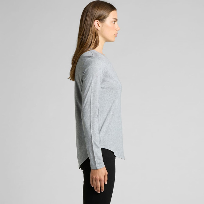 A grey long-sleeve tee with a rounded hem, featuring a logo on the front. The model is shown in profile.
