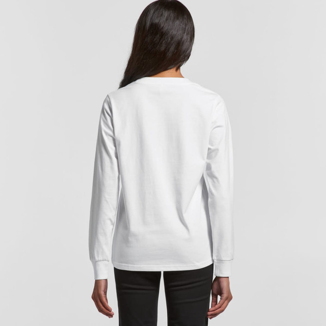 A long-sleeved white t-shirt shown from the back, featuring a simple design and a logo.