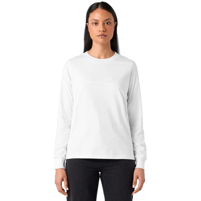 A long-sleeved white T-shirt with a crew neckline, featured on a model. The shirt includes a logo.