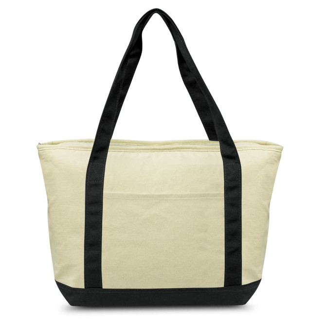 A large cream cooler bag with black straps and a top zip, featuring an exterior pocket and a logo.