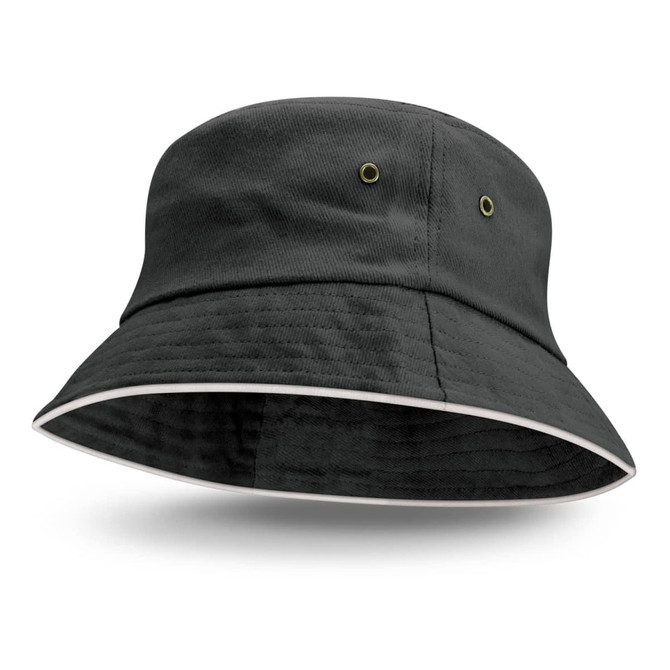 A black bucket hat with a white sandwich trim, featuring eyelets for ventilation.
