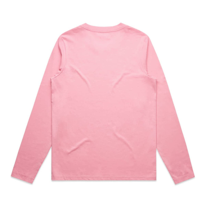 A long-sleeve t-shirt in a soft pink colour, featuring a simple design and a logo on the back.