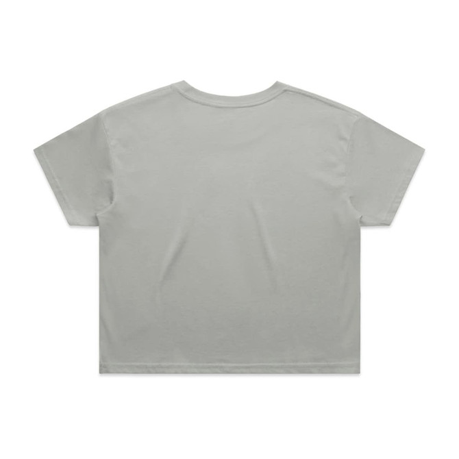 A light grey cropped t-shirt featuring a simple design and a casual fit, with a logo on the back.