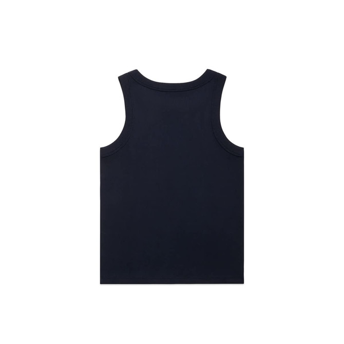 A navy rib tank top with a scoop neckline and wider straps. Features a logo.