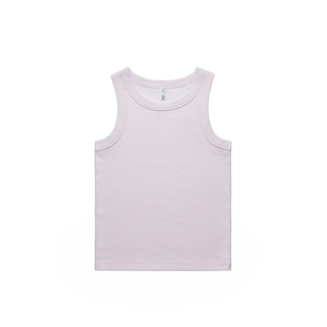 A light purple organic rib tank top with a logo. It features a classic singlet design.