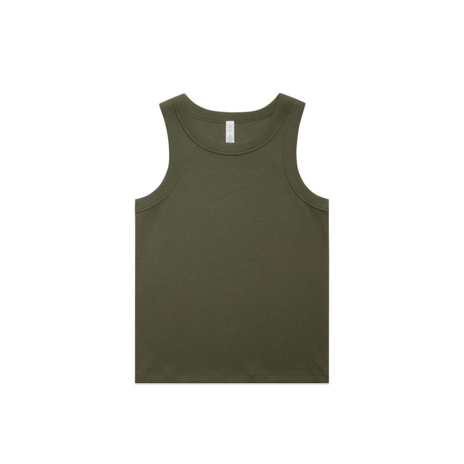 An olive green organic rib tank top featuring a simple design and a logo on the label.