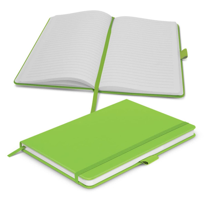 A green notebook with lined pages, featuring a flexible cover and a ribbon bookmark. It also has an elastic closure.