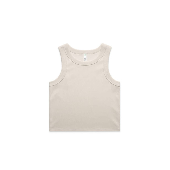 A light beige rib crop tank with a simple design and a logo on the label.