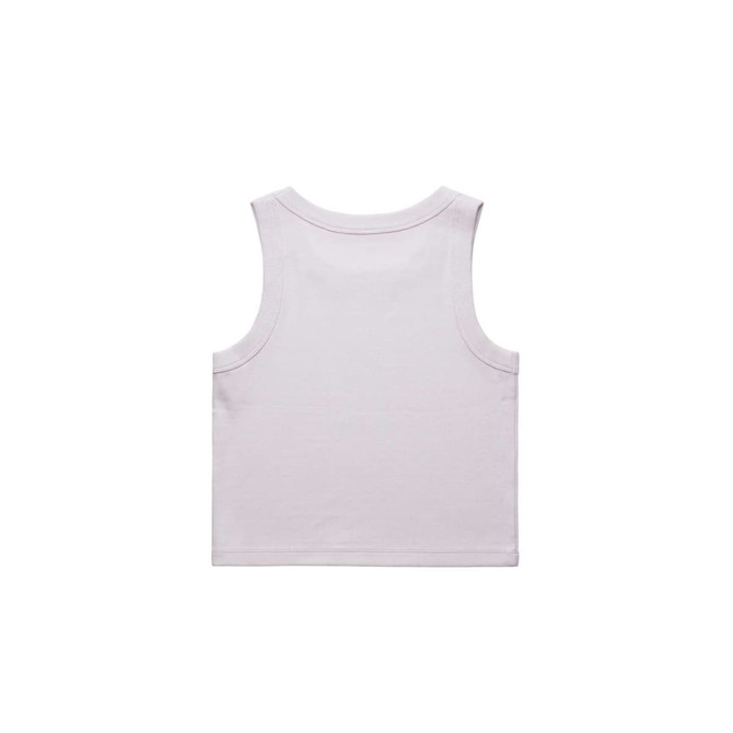 A light purple organic rib crop tank top, featuring a simple design and a logo on the back.