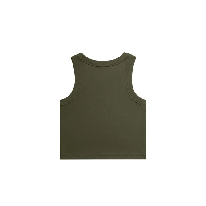 An olive green ribbed crop tank top featuring a simple, sleeveless design and a logo.