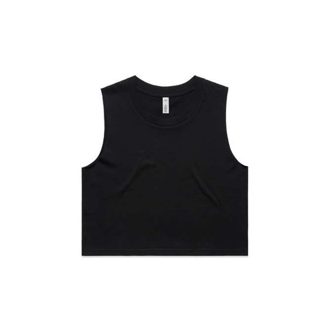 A black cropped tank top with a round neckline and no sleeves, featuring a logo.