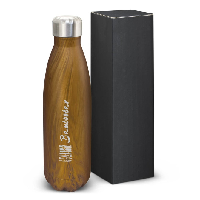 A drink bottle in a bamboo finish with a silver lid, presented in a black box.