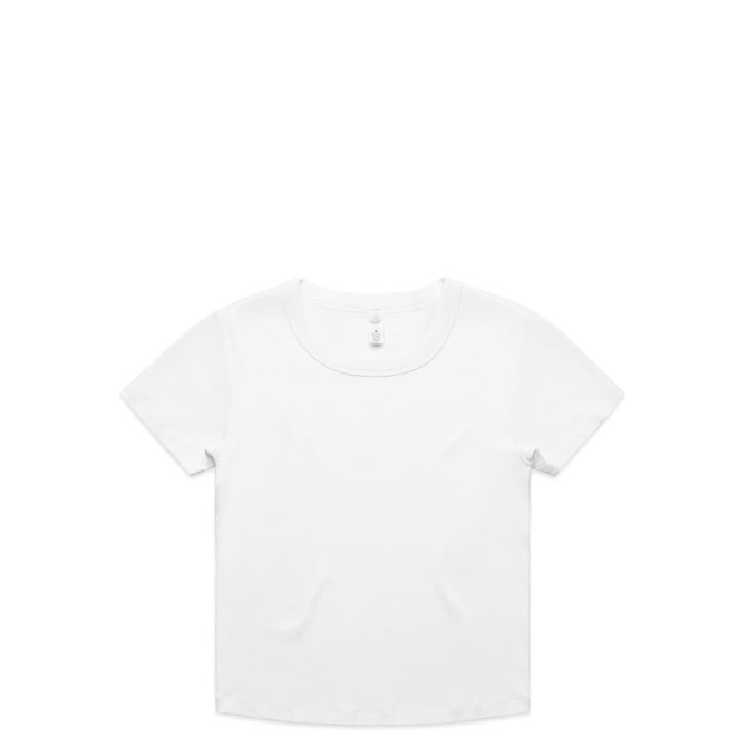 A white organic rib baby tee with a rounded neckline and short sleeves, featuring a small logo.