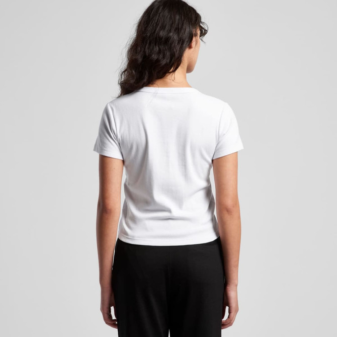 A white baby tee with short sleeves, featuring a simple design and a back view. The shirt has a logo detail.