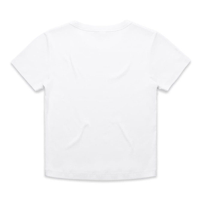 A plain white short-sleeved baby tee with a smooth back and no visible branding.