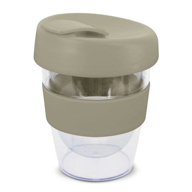 A drink bottle featuring a clear body with a muted green lid and band, designed for convenience. It has a logo.
