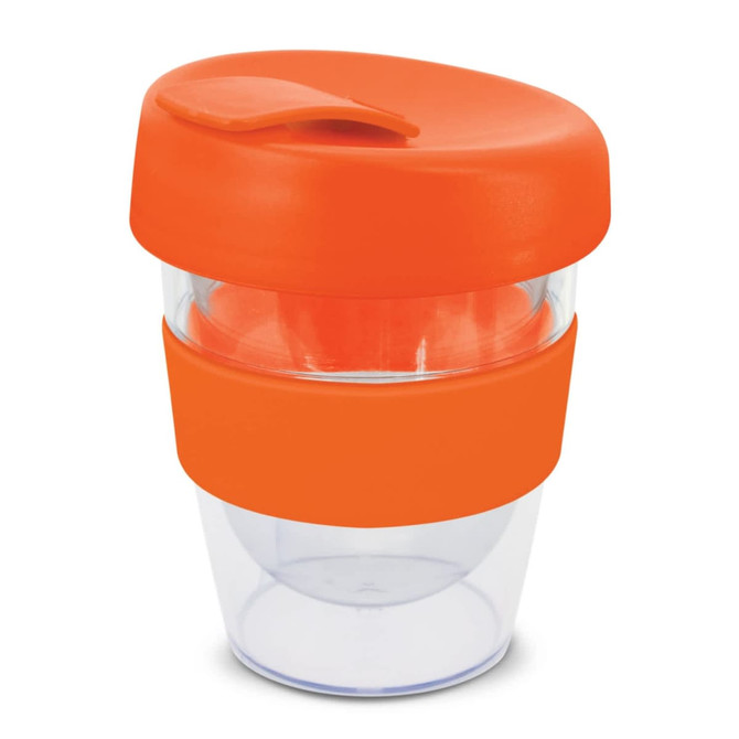 A drink bottle featuring a clear design with an orange lid and band, designed for easy use and portability.