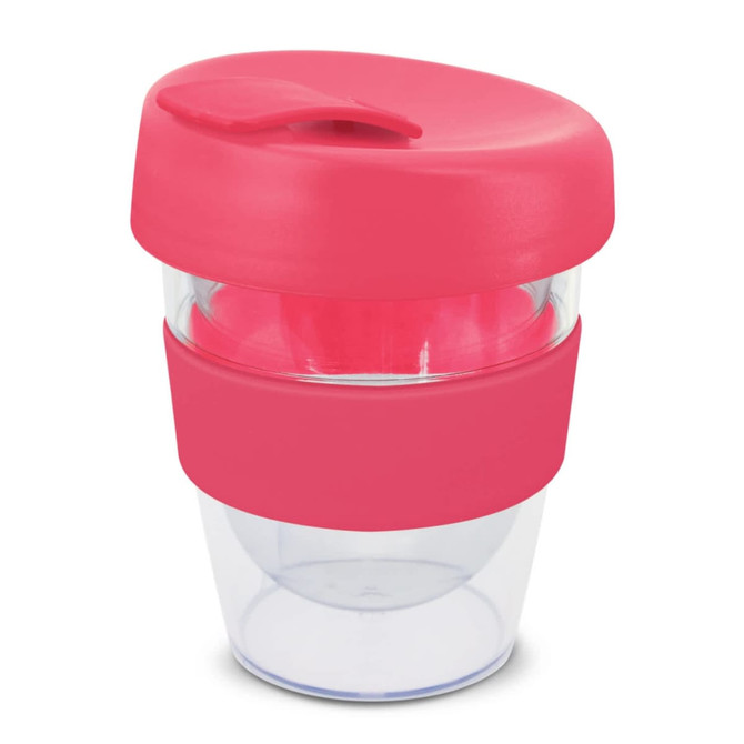 A drink bottle with a clear base and a pink silicone band and lid, designed for a 230ml capacity.