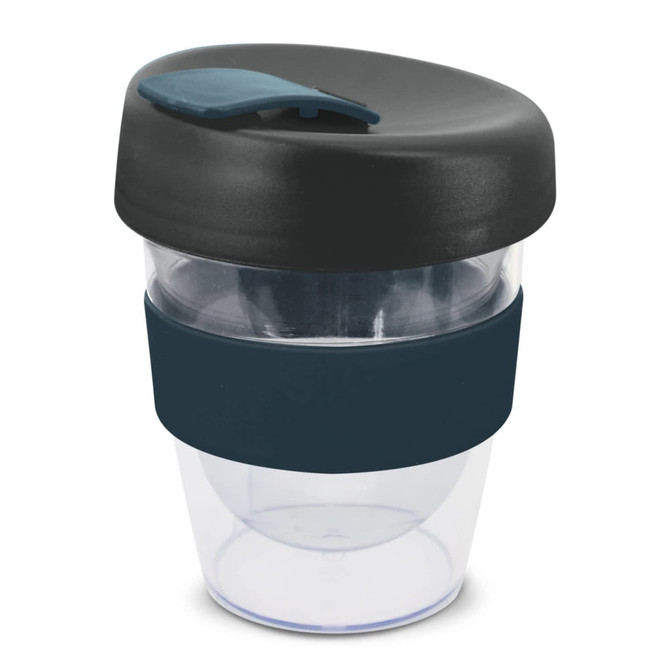 A drink bottle featuring a clear body with a dark lid and a dark silicone band. It has a logo on it.