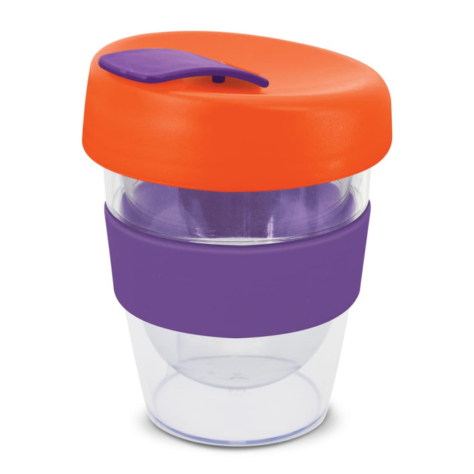 A drink bottle with a clear body, orange lid, and purple silicone band. Features a logo on the body.