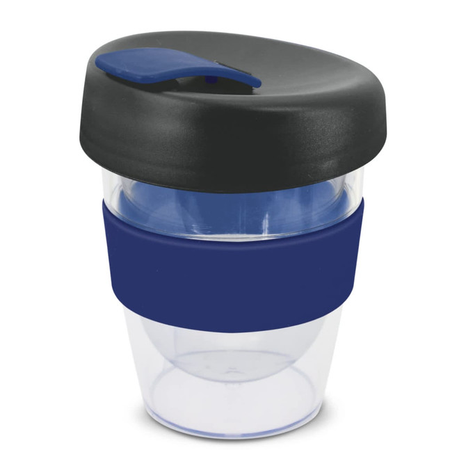 A drink bottle featuring a clear body, navy band, and black lid, with a branding logo on the side.