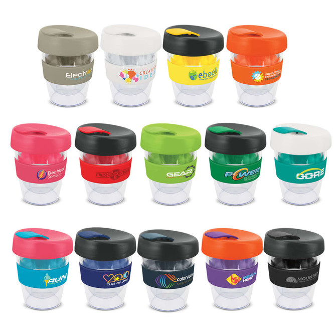 A collection of multi-coloured drink bottles with black lids, each featuring varying branding, in a grid layout.