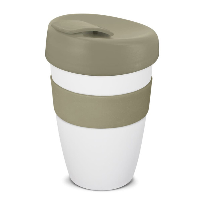 A drink bottle with a double wall, featuring a white body and an olive green lid and band.