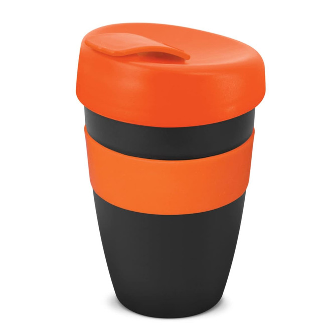 A drink bottle featuring a double wall design, with an orange lid and band, and a black body. It has a logo.