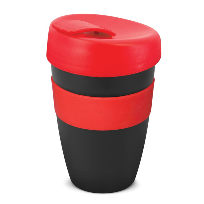 A drink bottle with a double wall design, featuring a black body and a red lid and band. It includes a logo.
