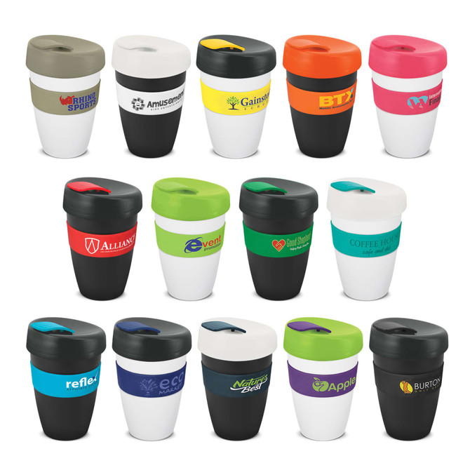 A collection of double wall cups in various colours, featuring different logos and styles on each cup.