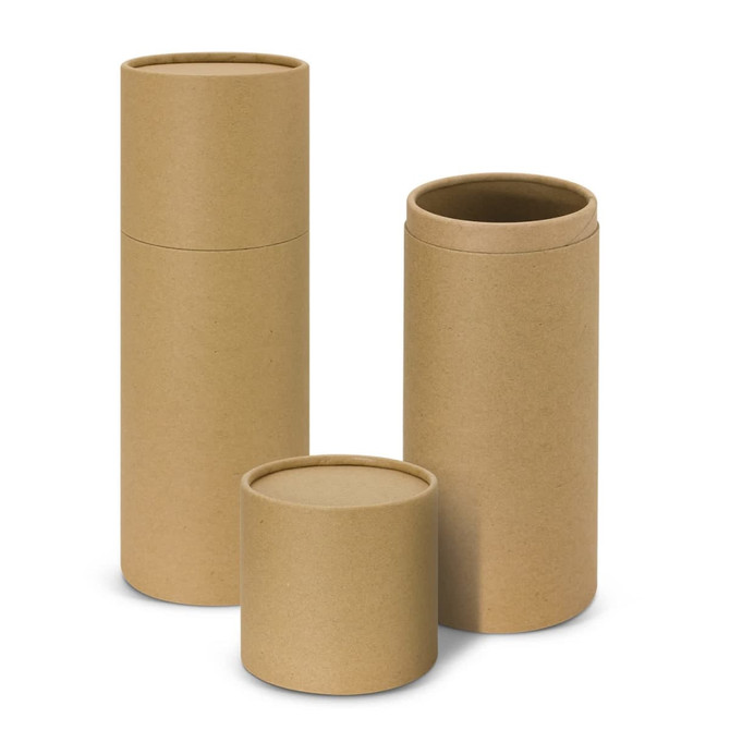 A drink bottle gift tube set in natural brown cardboard, featuring three different sizes and a minimalistic design.