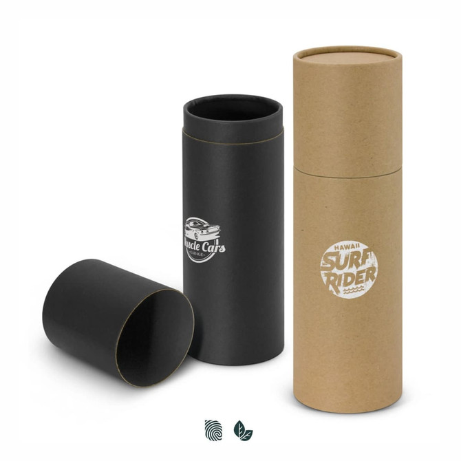A drink bottle gift tube in black and brown, featuring logos, with a cylindrical design and removable lids.