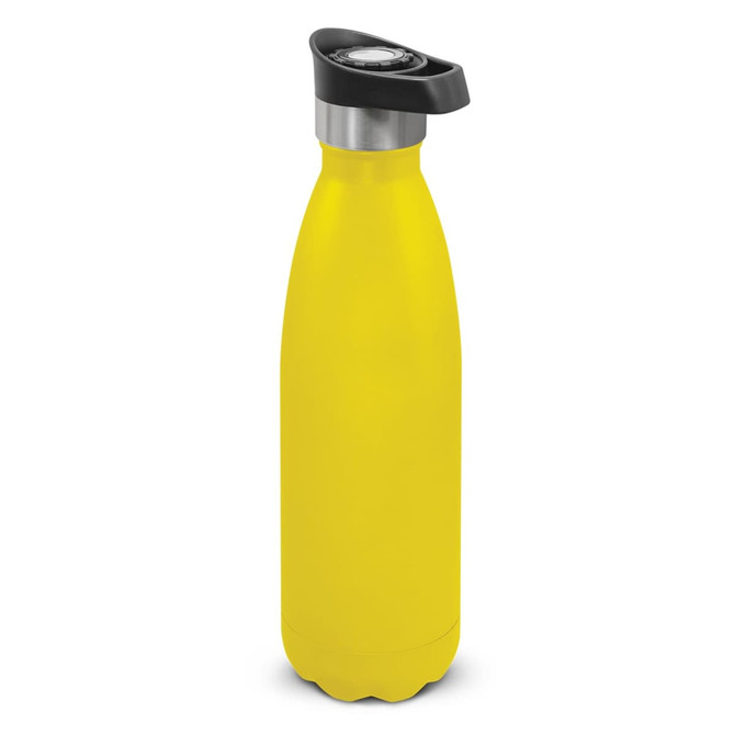 A drink bottle in bright yellow with a push button lid and a stainless steel top. It features a logo.