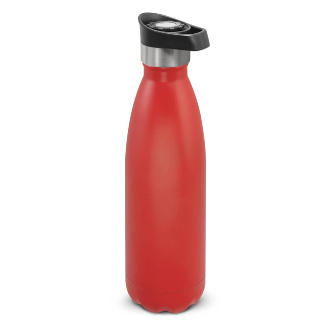 A drink bottle in red with a push button lid and stainless steel accent, featuring a logo.
