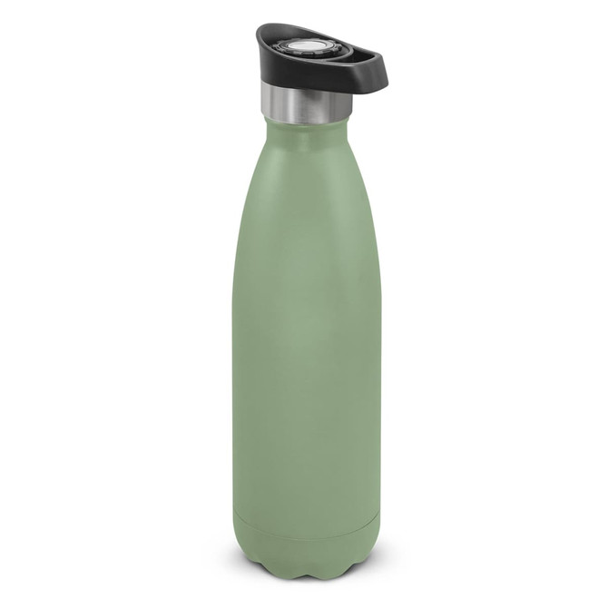 A drink bottle in a muted green colour, featuring a push-button lid and a stainless steel finish. It has a logo.