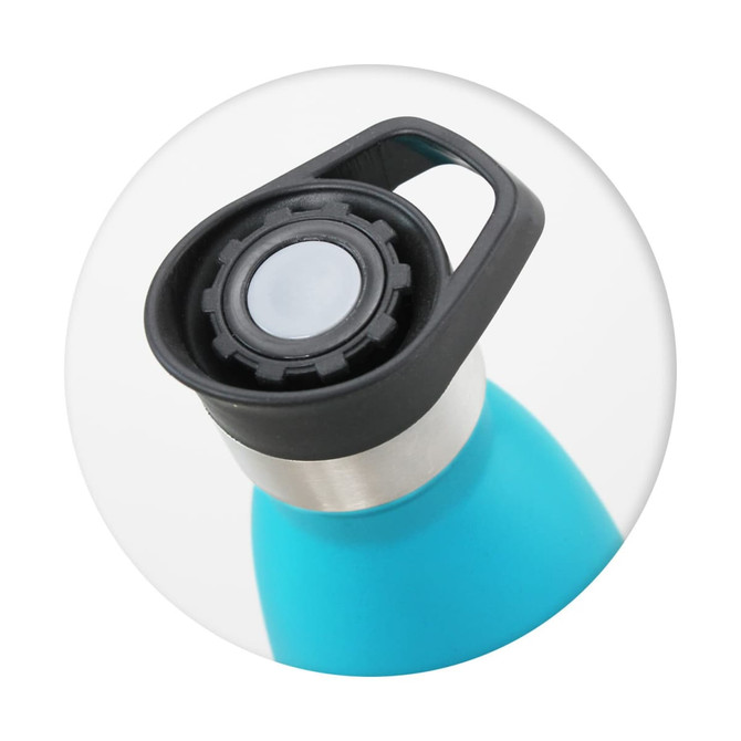A drink bottle in turquoise with a stainless steel base and a black push-button lid. Features a handle and branding.