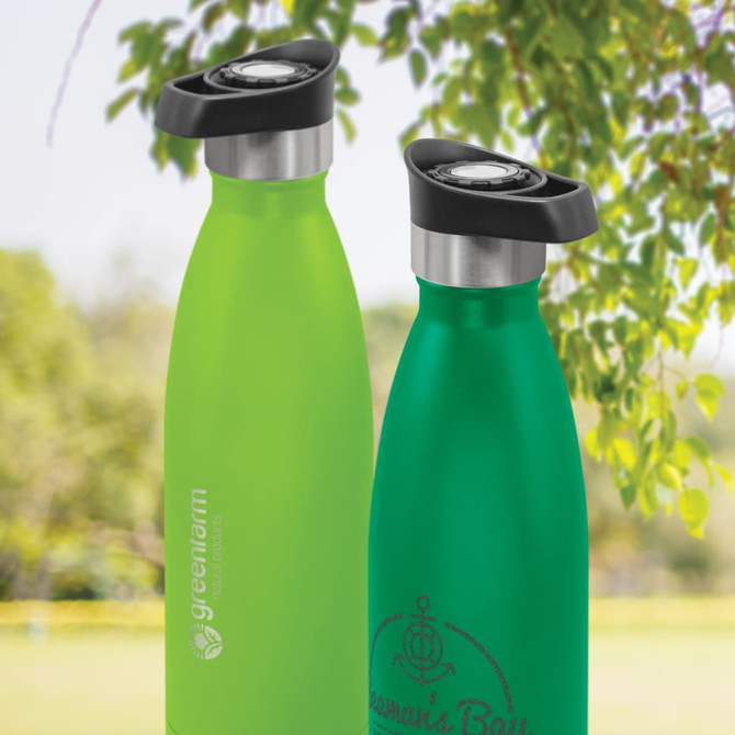 A drink bottle featuring a push button lid, available in green shades with a sleek powder-coated finish and a logo.