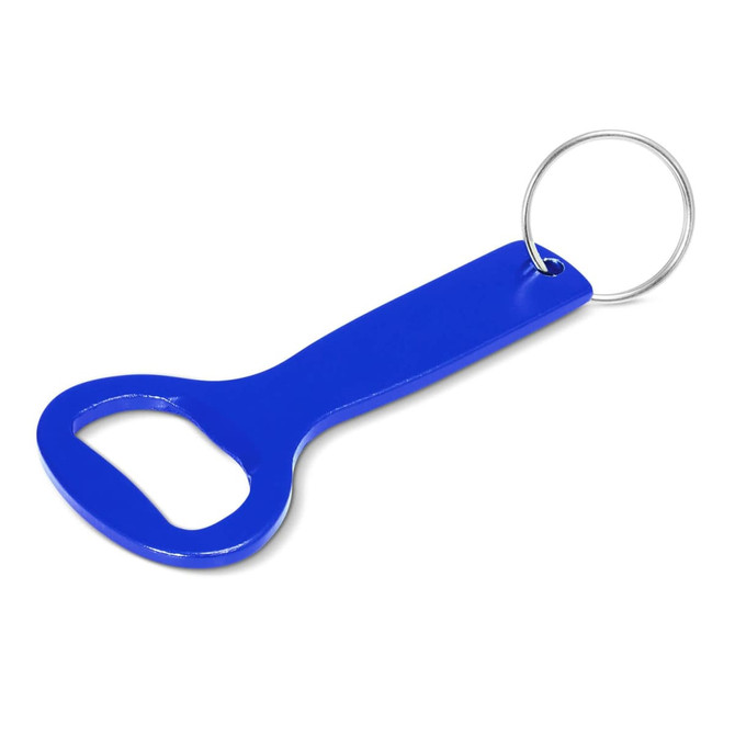A drink bottle opener key ring in bright blue with a metal key ring for easy attachment.