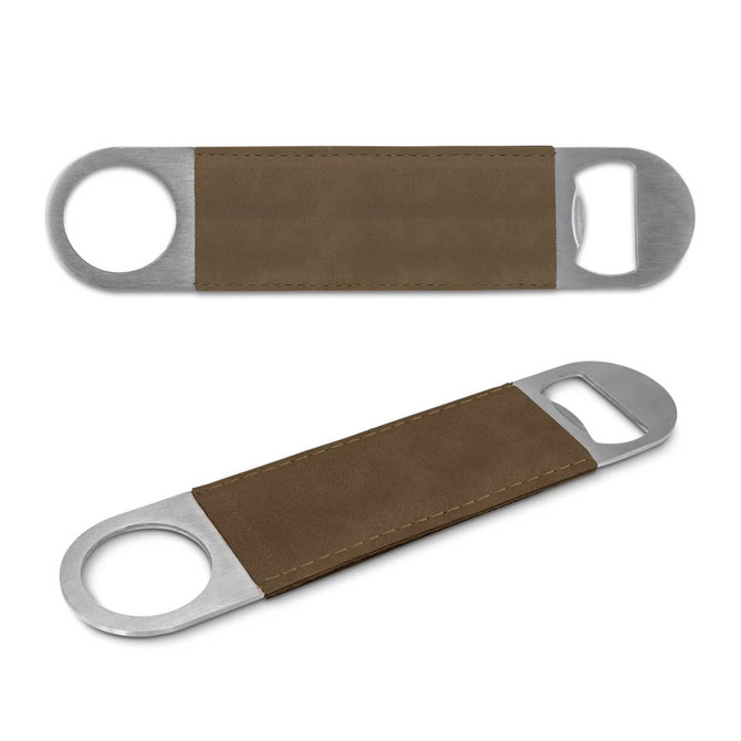 A drink bottle opener with a stainless steel end and a brown suede handle, featuring a logo on one side.