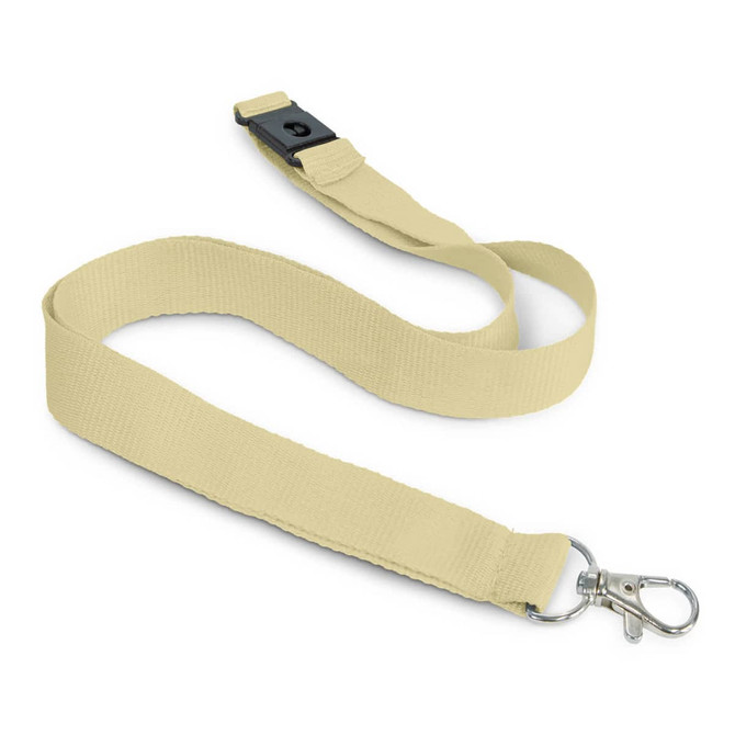 A cotton lanyard in a soft beige colour, featuring a clip and adjustable buckle. It has a simple branding logo.