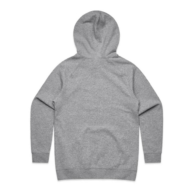 A grey hoodie showcasing a simple design with a hood and long sleeves, featuring a logo on the back.