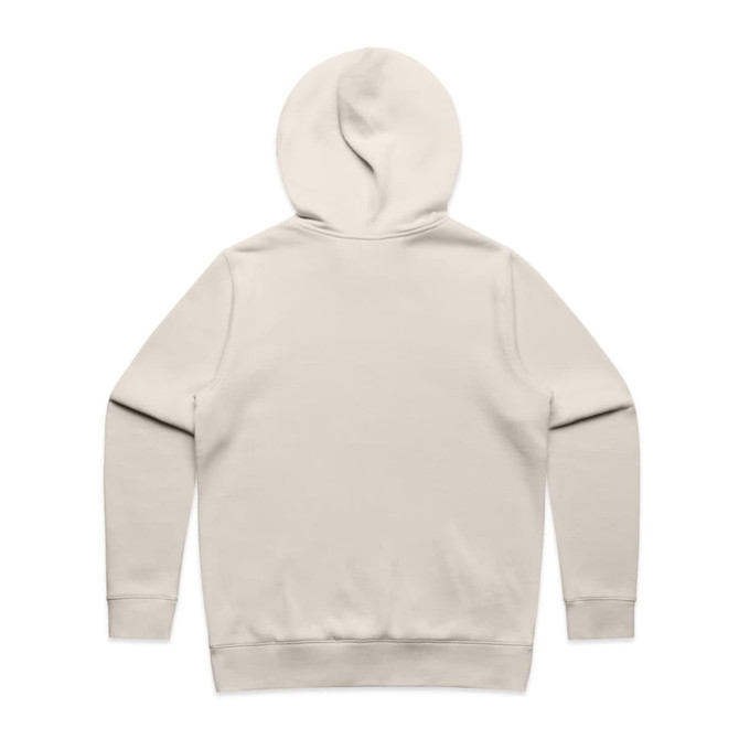 A beige hoodie with a plain back and a drawstring hood, featuring a logo on the front.